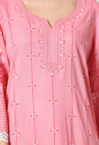 Dusty Peach Pink Elegant Floral Printed Rayon Kurta with Border Design & Lace Detailing